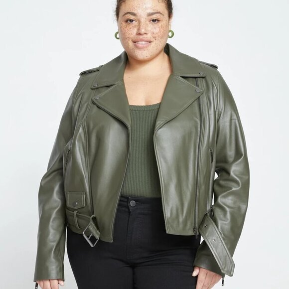 Universal Standard Leeron Leather moto jacket coat camo green new 2XL 30W 32W
